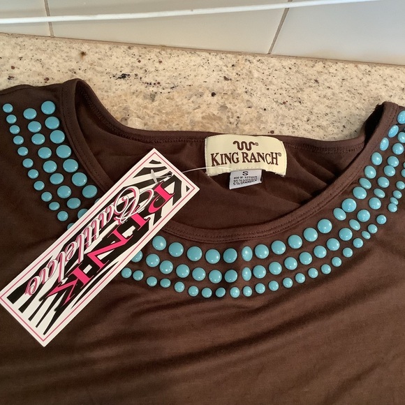King Ranch Brown Top with Blue Gems Size Small NWT - Picture 5 of 6